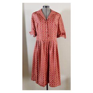 Ann Taylor Sz 12 Modern 1950's Style Silk Shirtwaist Dress Tile Print Pink Geo